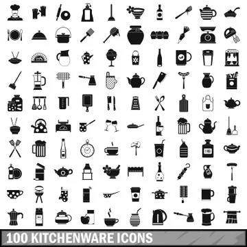 100 kitchenware icons set, simple style 스톡 일러스트