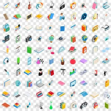 100 knowledge icons set, isometric 3d style Stock Illustration