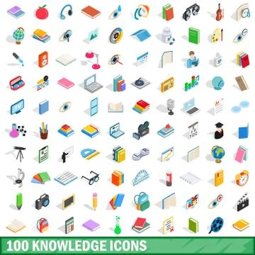 100 knowledge icons set, isometric 3d style Stock Illustration