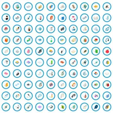 100 knowledge icons set, isometric 3d style Stock Illustration