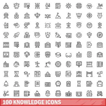 100 knowledge icons set, outline style Stock Illustration