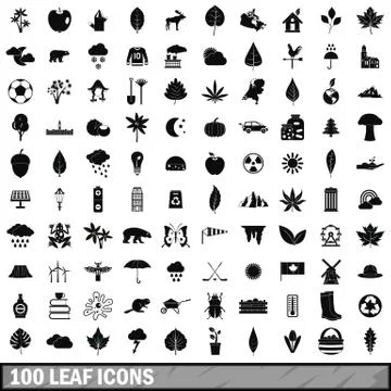 100 leaf icons set, simple style Stock Illustration