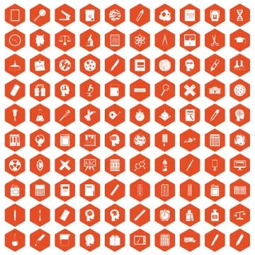 100 learning icons hexagon orange Stockillustratie