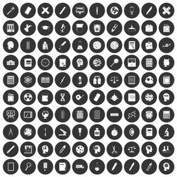 100 learning icons set black circle Stock Illustration