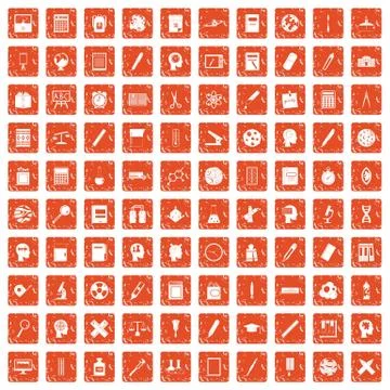 100 learning icons set grunge orange Stockillustratie