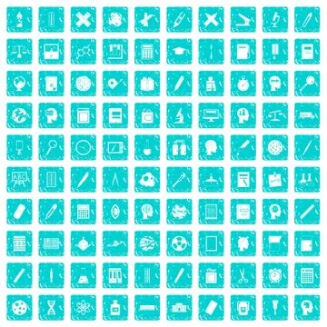 100 learning icons set grunge blue Stockillustratie