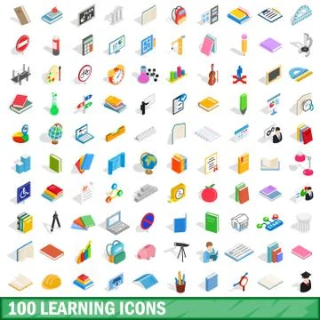 100 learning icons set, isometric 3d style Stock Illustration