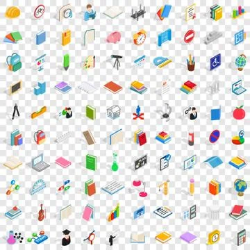 100 learning icons set, isometric 3d style Stockillustratie