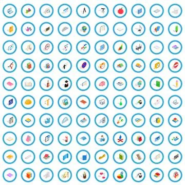 100 learning icons set, isometric 3d style Stock Illustration