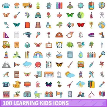 100 learning kids icons set, cartoon style Illustrazione stock