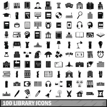 100 library icons set, simple style Stock Illustration