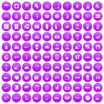100 luggage icons set purple Stock Illustration