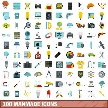 100 manmade icons set, flat style イラスト素材