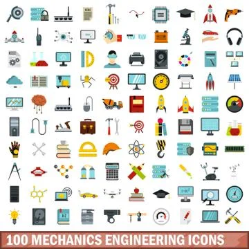 100 mechanics engineering icons set, flat style Stock Illustration