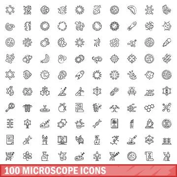 100 microscope icons set, outline style Stock Illustration