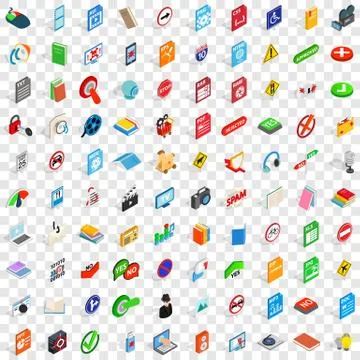 100 mobile app icons set, isometric 3d style イラスト素材