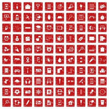 100 mobile app icons set grunge red Stock Illustration