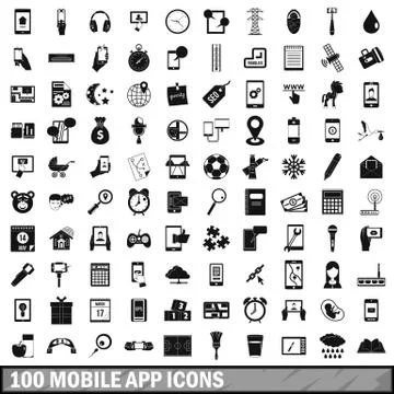 100 mobile app icons set, simple style Stock Illustration