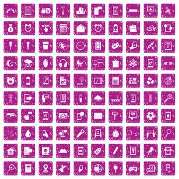100 mobile app icons set grunge pink Stock Illustration