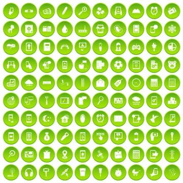 100 mobile app icons set green circle Stock Illustration