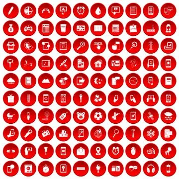 100 mobile app icons set red Stock Illustration