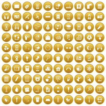 100 mobile app icons set gold Stock Illustration