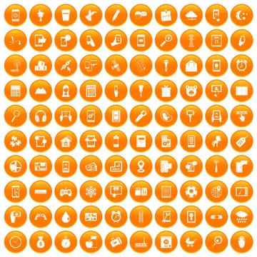 100 mobile app icons set orange Stock Illustration