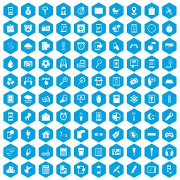 100 mobile app icons set blue Stock Illustration