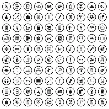 100 mobile app icons set, simple style Stock Illustration