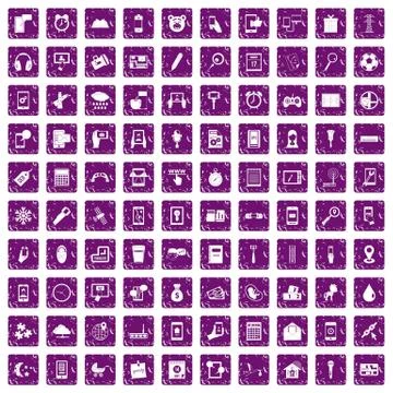 100 mobile app icons set grunge purple Stock Illustration