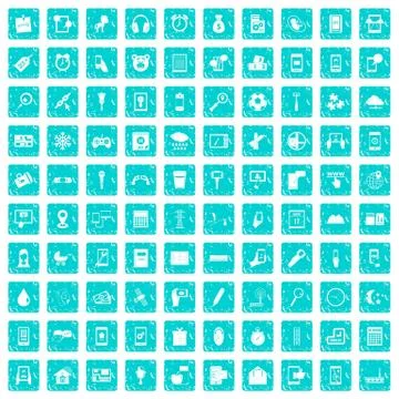 100 mobile app icons set grunge blue Stock Illustration