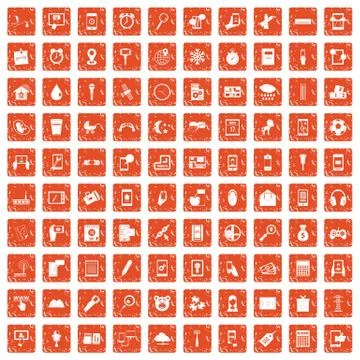 100 mobile app icons set grunge orange Stock Illustration