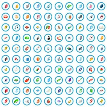 100 mobile app icons set, isometric 3d style Stock Illustration