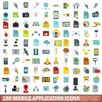 100 mobile application icons set, flat style Stock Illustration