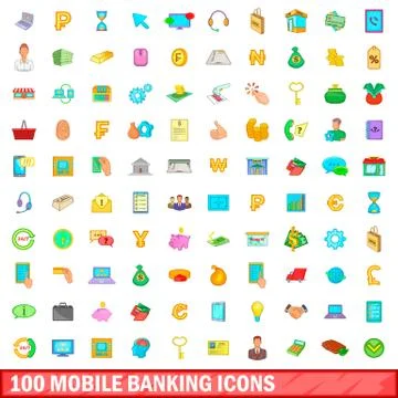 100 mobile banking icons set, cartoon style Illustrazione stock