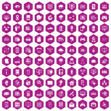 100 network icons hexagon violet Illustrazione stock