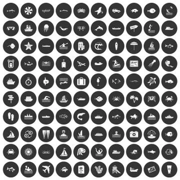 100 ocean icons set black circle Stock Illustration