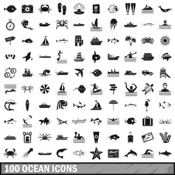 100 ocean icons set, simple style Stock Illustration