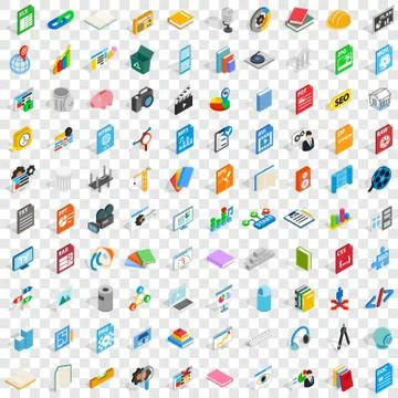 100 office document icons set, isometric 3d style Stock Illustration