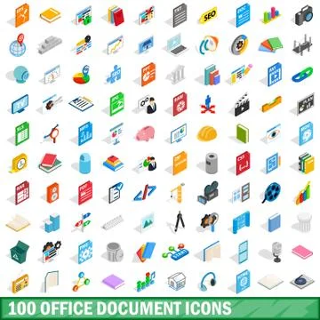 100 office document icons set, isometric 3d style Stock Illustration