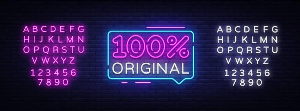 100% original neon text vector design template. 100% original neon sign, light Stock Illustration