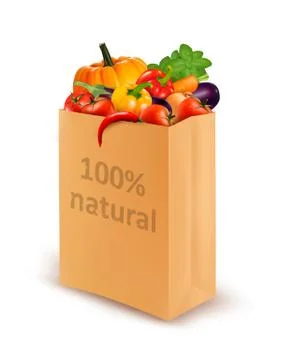 100 percent natural on a paper bag full of fresh vegetables. concept of diet. Stock Illustration