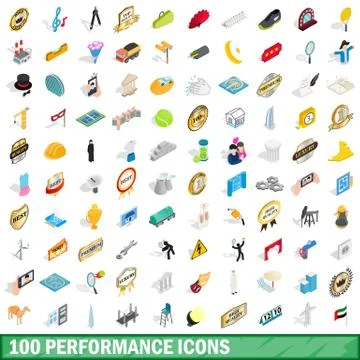 100 performance icons set, isometric 3d style Stock Illustration