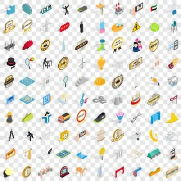 100 performance icons set, isometric 3d style Stock Illustration