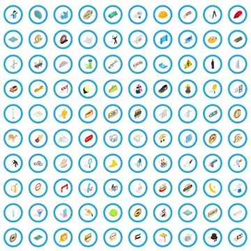 100 performance icons set, isometric 3d style Stock Illustration