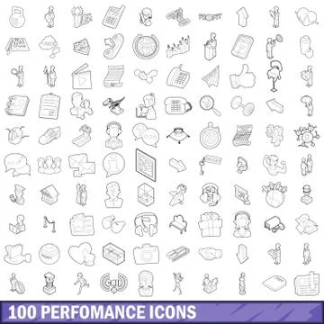 100 performance icons set, outline style Illustrazione stock