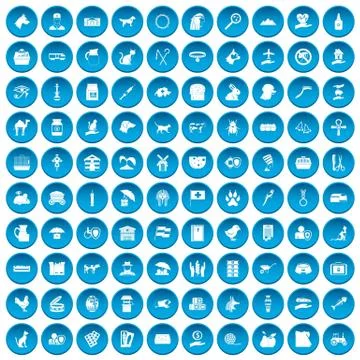 100 pets icons set blue Stock Illustration