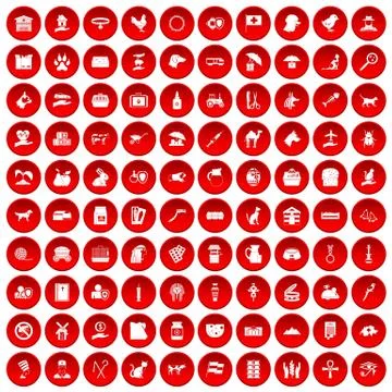 100 pets icons set red Stock Illustration