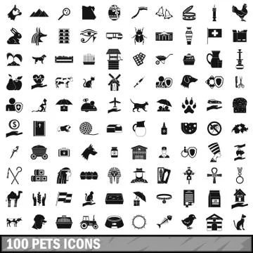 100 pets icons set, simple style Stock Illustration