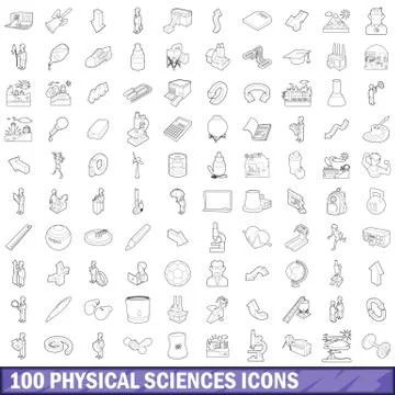 100 physical sciences icons set, outline style Stock Illustration